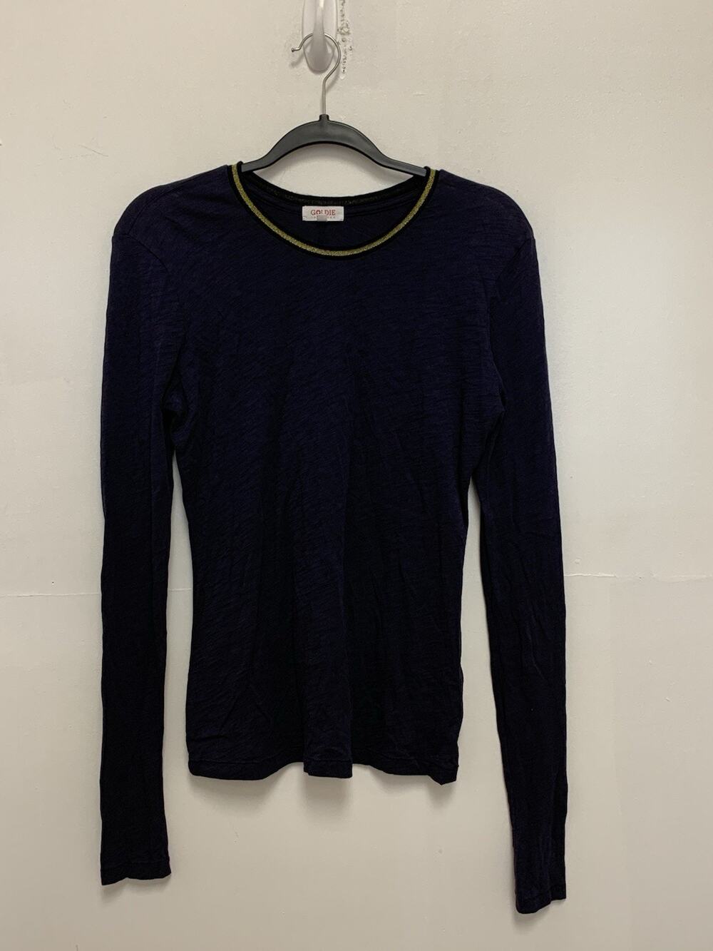 Goldie LeWinter navy blue gold round neck trim long sleeve women's S stretch